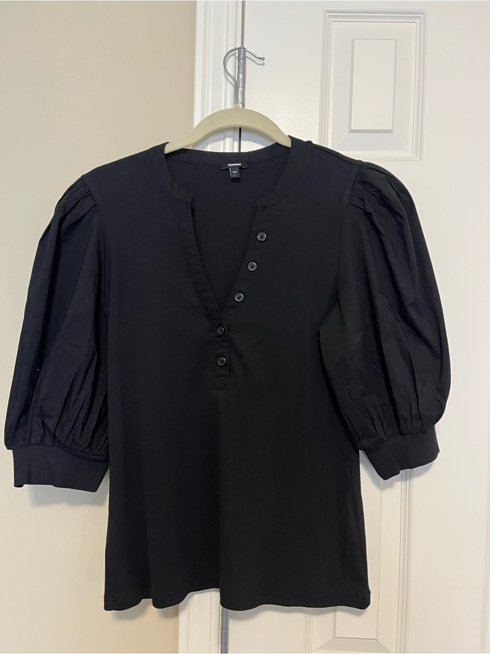 Express Black Button Henley Top with Puff Sleeve Detail